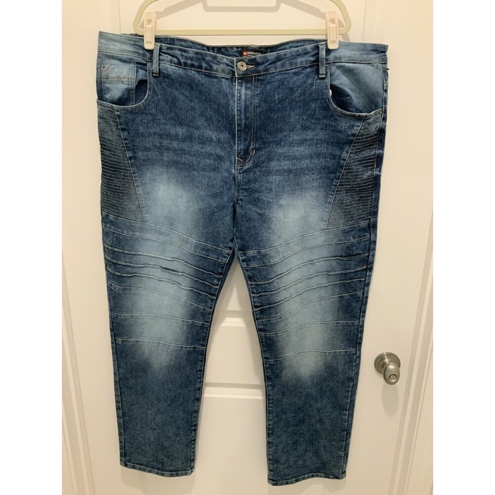 South Pole Jeans 48 Denim Blue Pintuck Moto Distressed Straight 90's